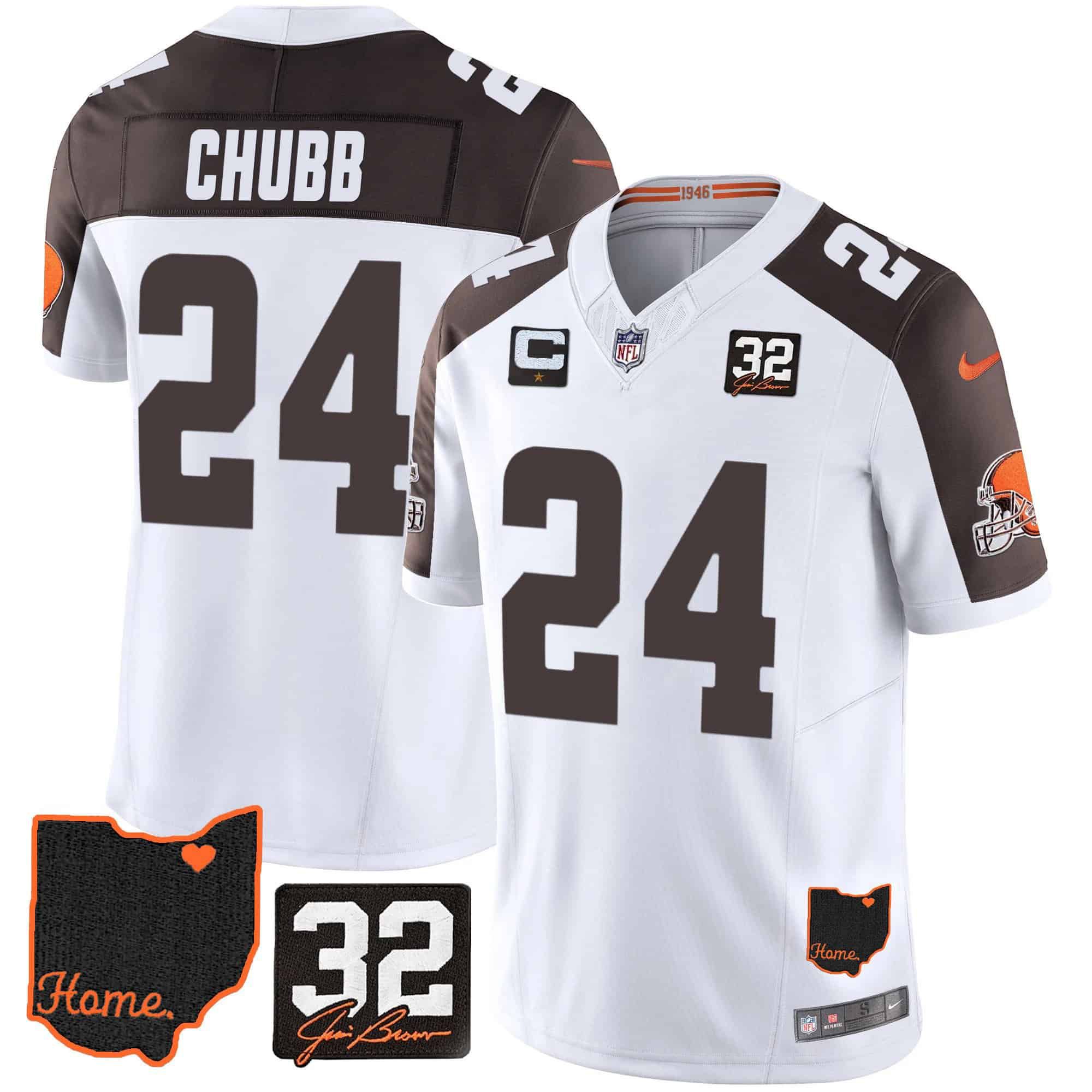 Men Cleveland Browns #24 Chubb White Memorial Home Patch 2024 Nike NFL Jersey style 1